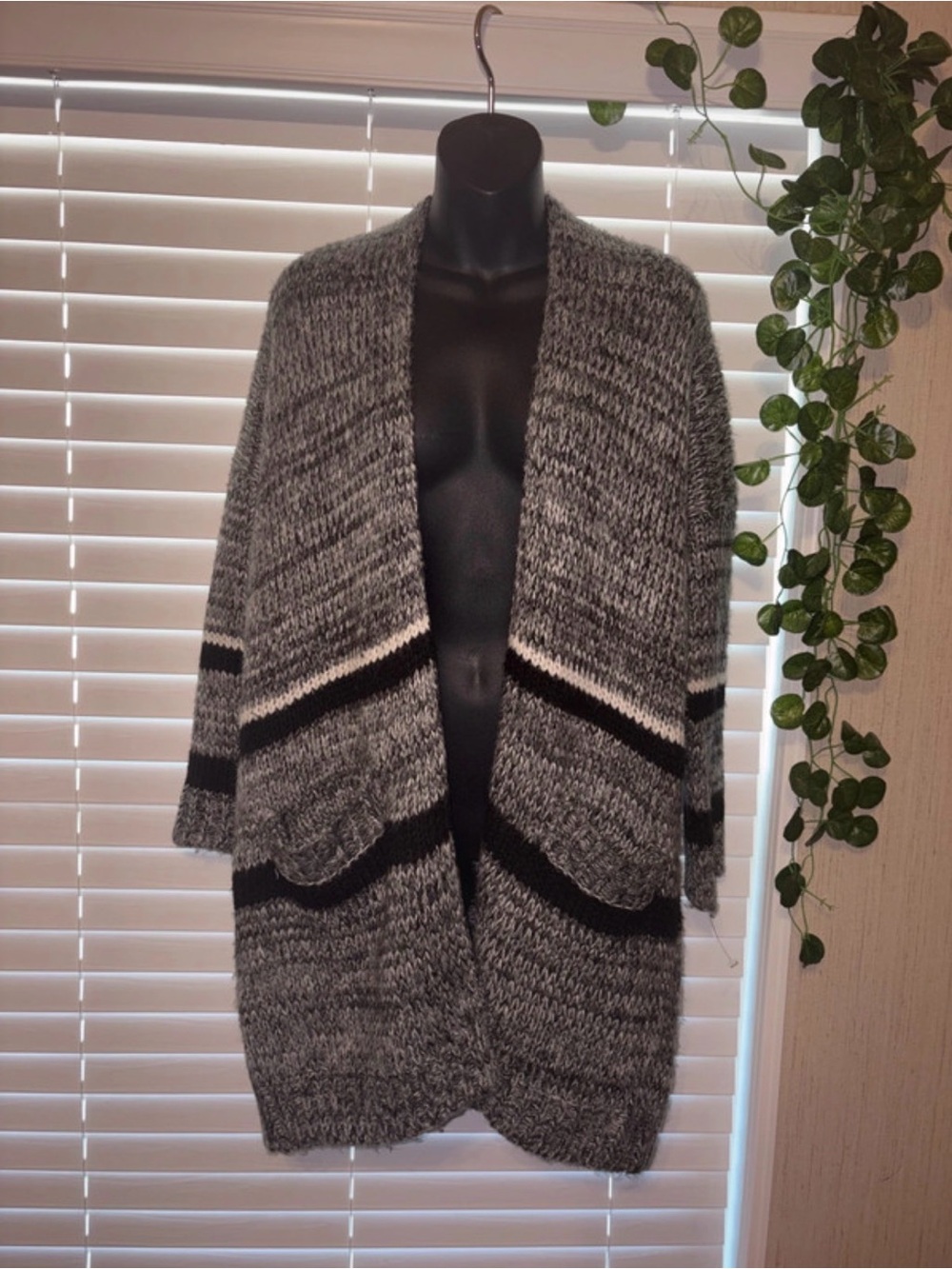 Forever 21 Gray Open-Front Knit Cardigan with Black & Cream Stripes